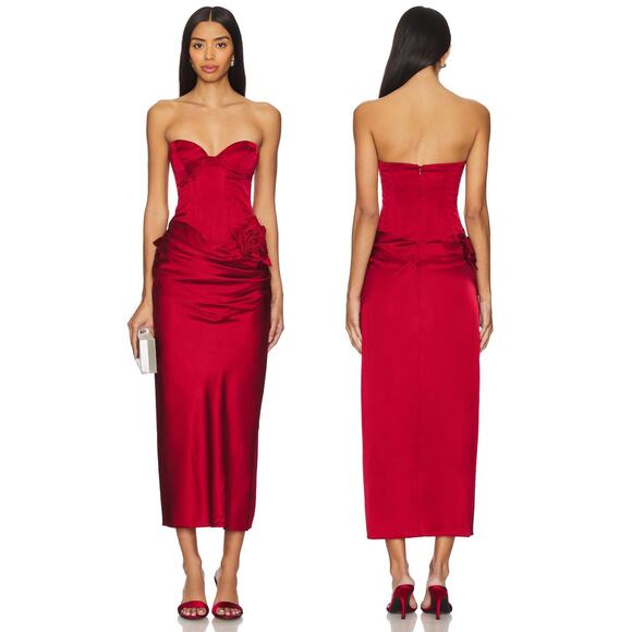 LPA Ilaria Corset Midi Dress Strapless Rosette Formal Party Elegant Red Size S - Picture 1 of 11